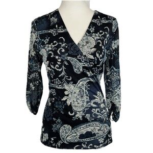 Worthington Paisley Floral Mesh Faux Wrap Top M Scrunch Sleeve Grunge Y2K Fairy